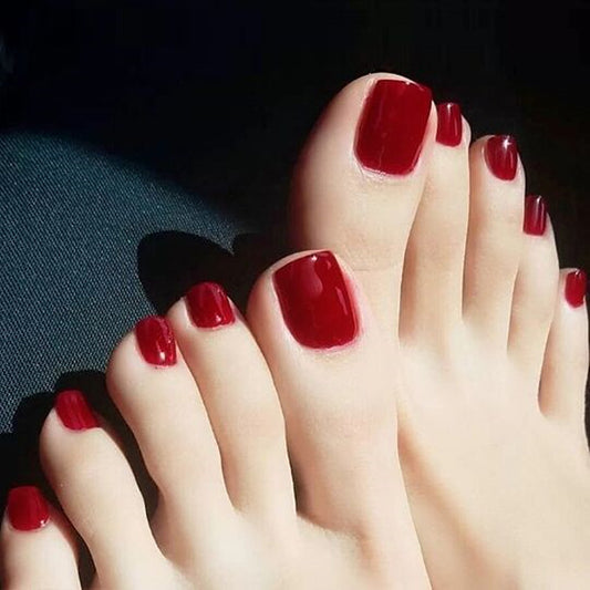 Summer Chic Medium-Length Square Toe Press On Toenail Set in Classic Red with High Gloss Finish
