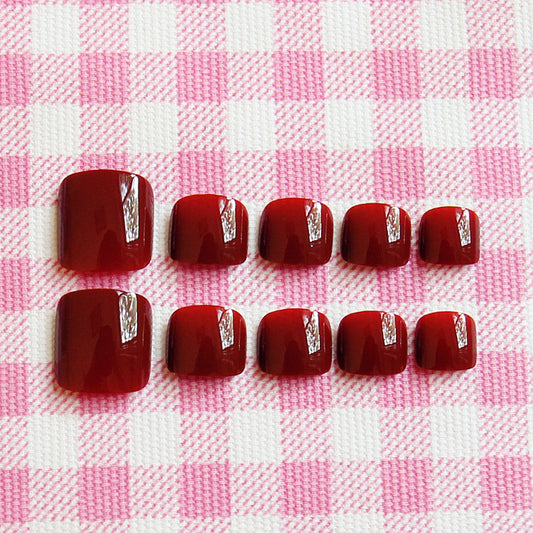 Elegant Evening Short Square Burgundy Press On Toenails with High Gloss Finish