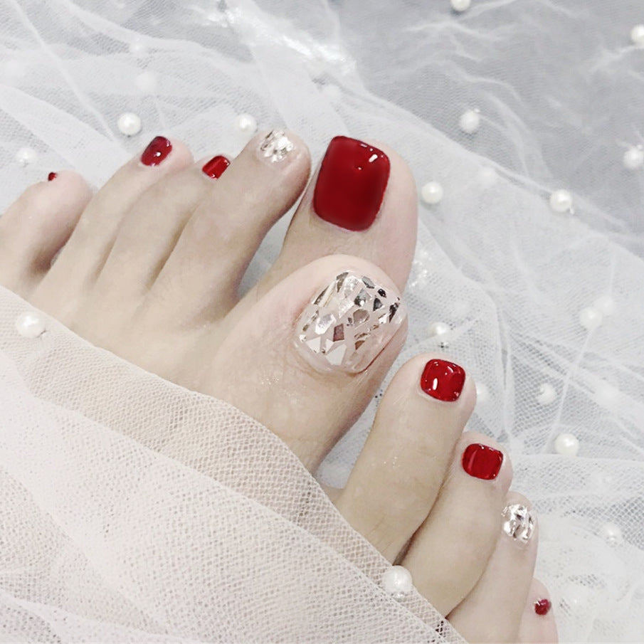 Elegant Bridal Collection Short Length Square Red Press On Toenail Set with Glitter Accents