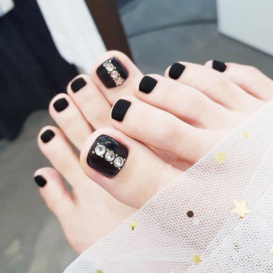 Midnight Elegance Short Square Matte Black Press On Toenails with Rhinestone Accents