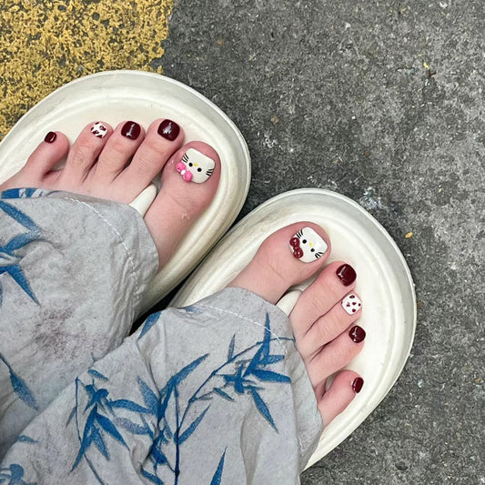 Hello Kitty Inspired Short Square Maroon And White Press On Nail Set With Cute Character Design