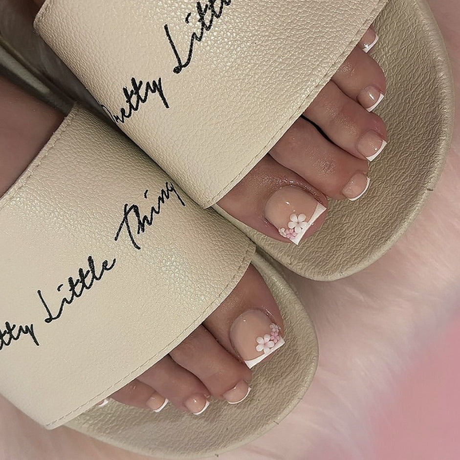 Spring Blossom Collection Medium Length Square Beige Press On Nails with White Flower Accent