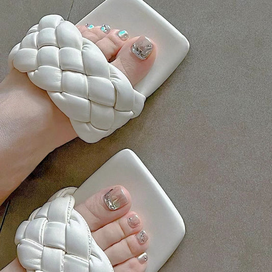 Elegant Marble Elegance Short Length Square Press On Nail Set in Soft Pink with Rhinestone Accents