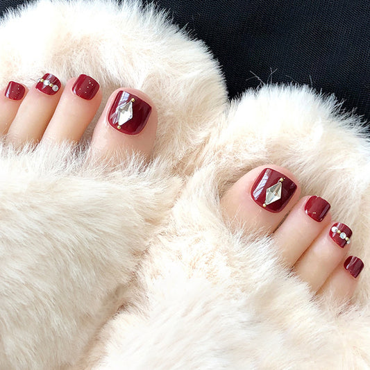 Elegant Affair Short Square Burgundy Press On Toenail Set with Rhinestone Accents
