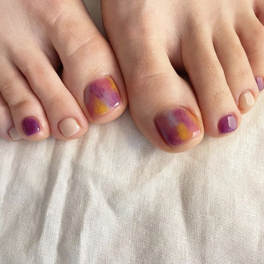 Sunset Bliss Short Round Multicolor Ombre Press On Toenail Set with Glossy Finish