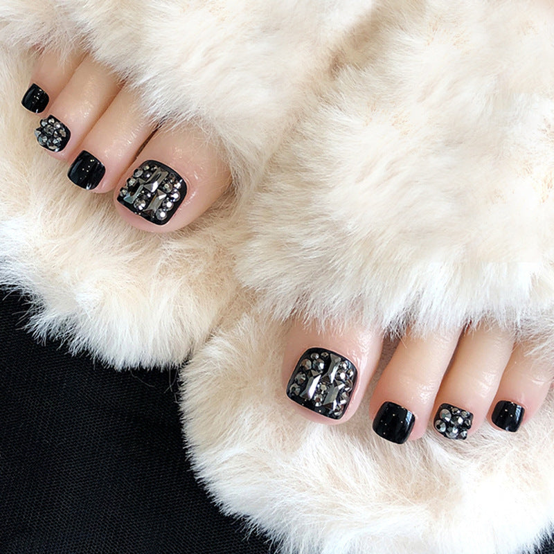 Elegant Gala Short Square Black Press On Toenail Set with Crystalline Accents