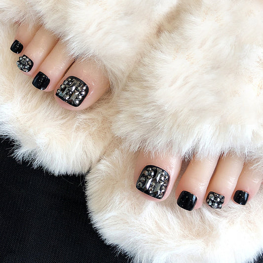 Elegant Gala Short Square Black Press On Toenail Set with Crystalline Accents