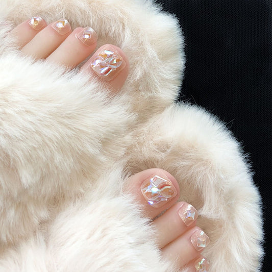 Elegant Bridal Collection Medium Square Pale Pink Press On Toenail Set with Sparkling Gem Accents