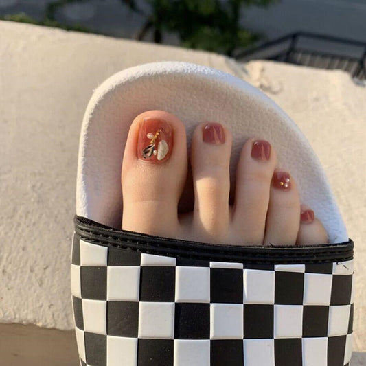 Butterfly Kisses Short Round Peach Press On Toenail Set with 3D Embellishments