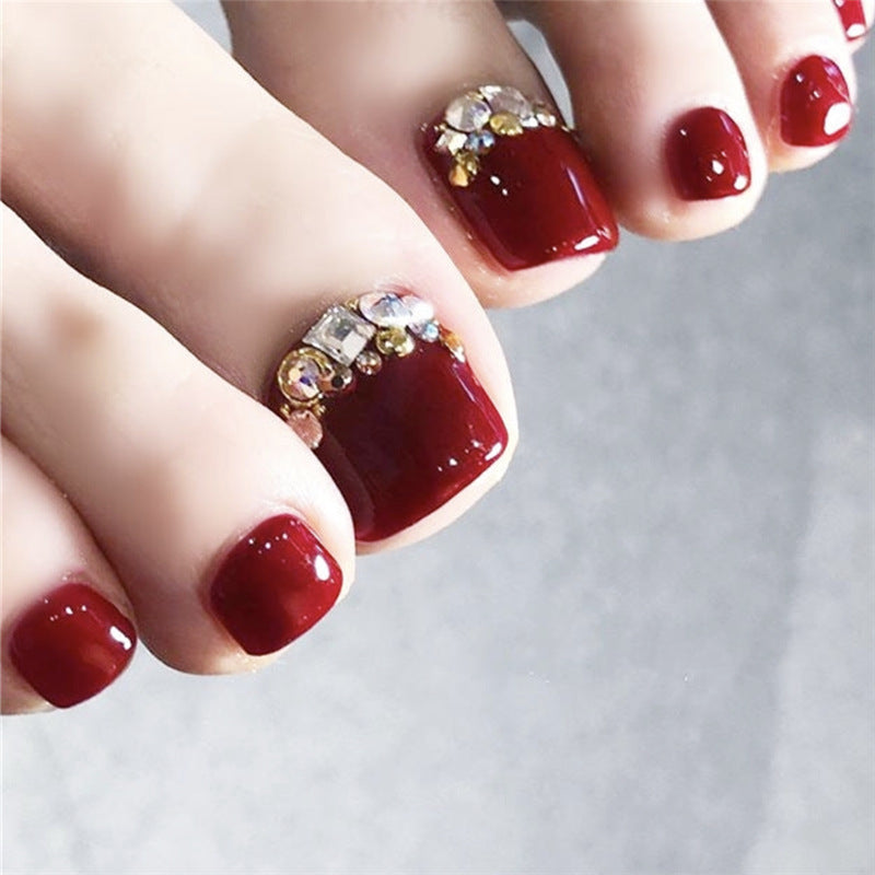 Glamourous Gala Short Oval Burgundy Press On Toenail Set with Rhinestone Accents
