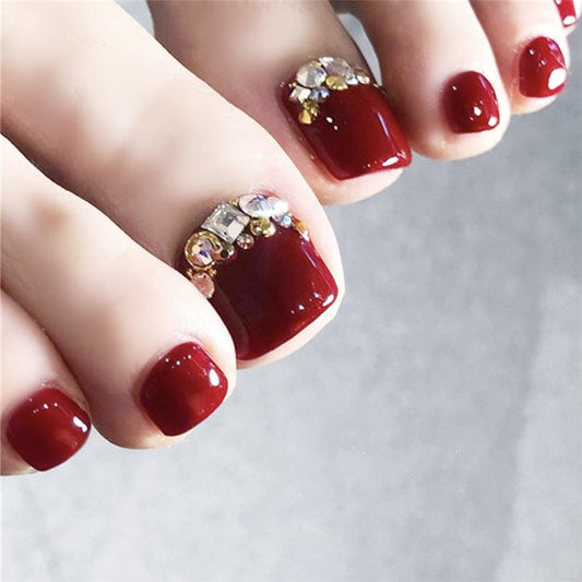 Glamourous Gala Short Oval Burgundy Press On Toenail Set with Rhinestone Accents