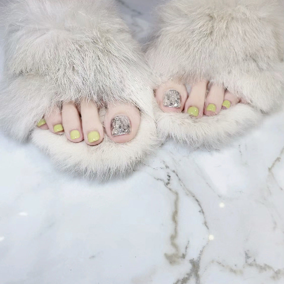 Enchanted Spring Collection - Medium Length Square Pastel Yellow Press On Toenails with Glitter Accent Nail Set