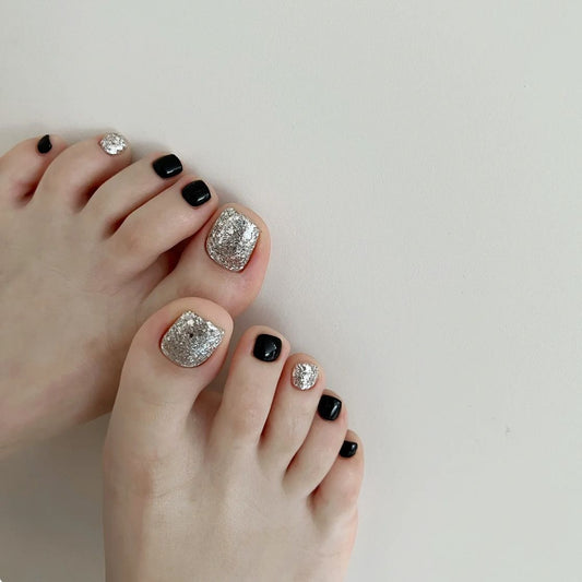 Elegant Evening Short Square Black and Silver Glitter Accent Press On Toenail Set