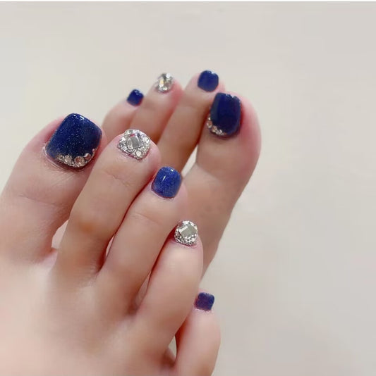 Starry Night Medium Length Square Shape Deep Blue Press On Toenail Set with Rhinestone Accents