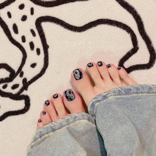 Enchanted Marble Swirl Short Square Black Press On Toenail Set with Abstract Design