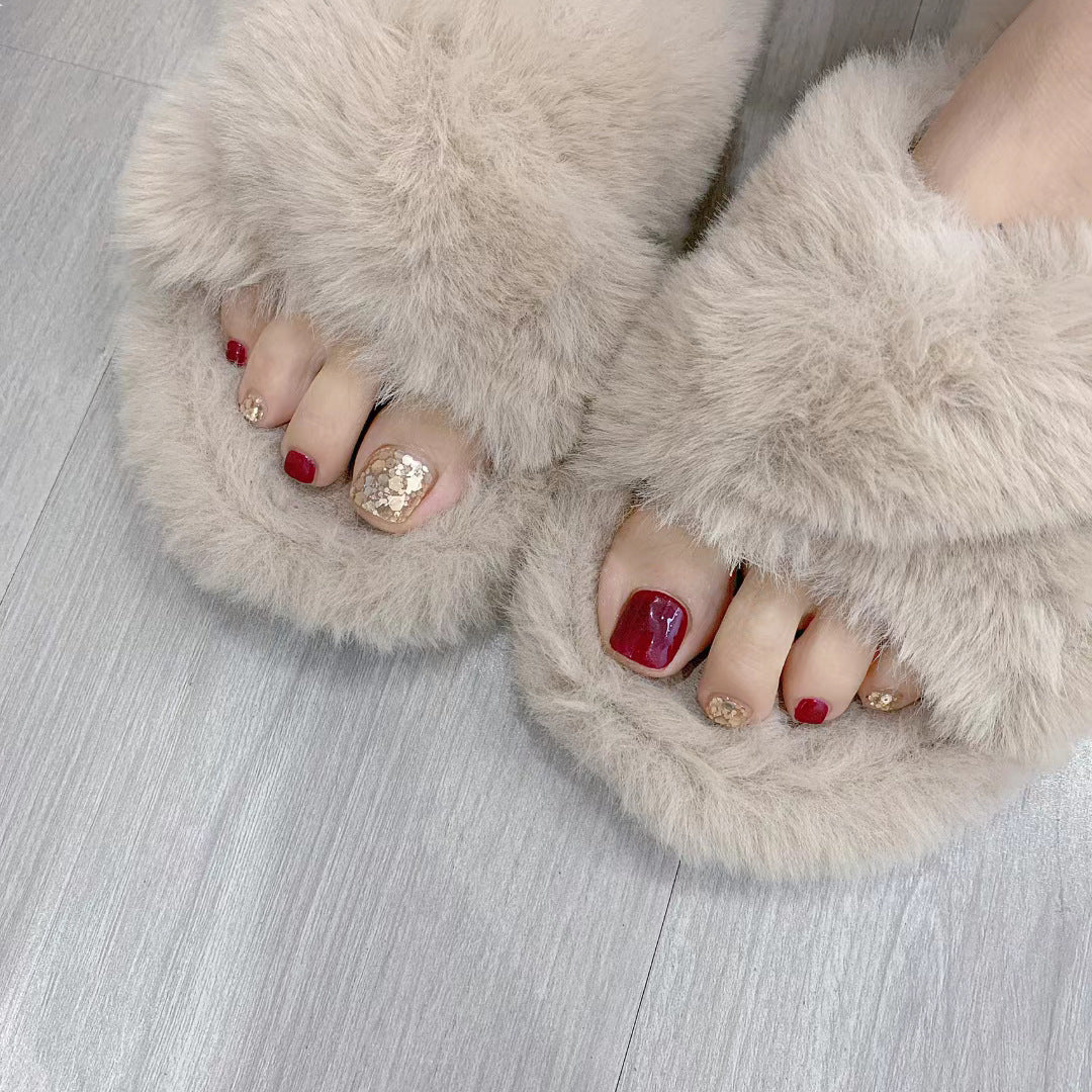 Luxurious Glamour Short Square Burgundy Press On  Toenail Set with Gold Glitter Accent