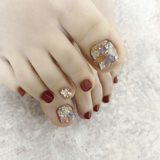Autumn Elegance Short Square Burgundy Press-On Toenails with Gold Flake Accents