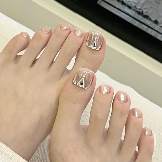 Elegant Bridal Short Square Pink Press On Toenails with Rhinestone Accents