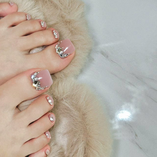 Luxe Lounge Short Square Pink Press On Toe Nail Set with Silver Foil and Crystal Embellishments