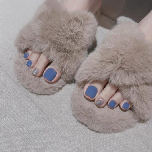 Short Square Rhinestone Blue Press On Toenail Set