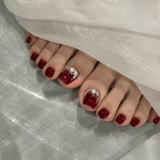 Enchanted Evening Collection: Short Square Burgundy Press On Nail Set with Glitter Heart Accents