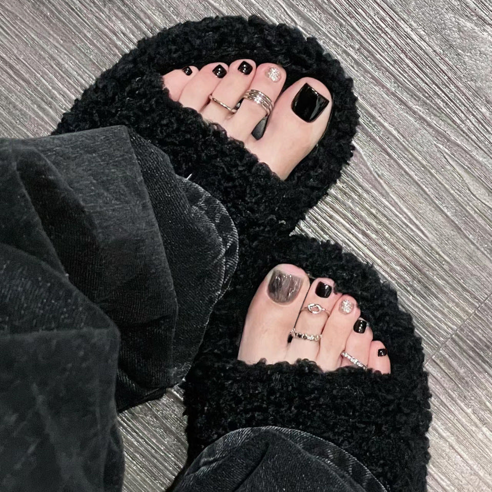 Glam Night Out Short Square Black Press On Nail Set with Glitter Accents and Rhinestone Embellishment