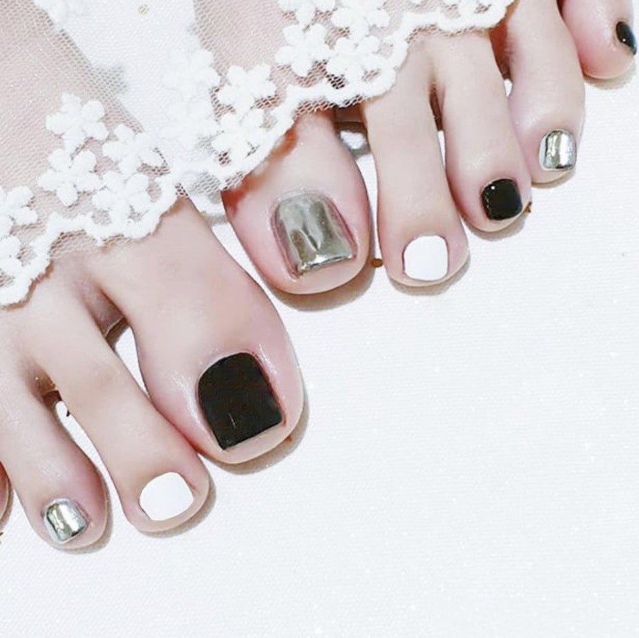 Elegant Chic Short Square Black and Metallic Silver Press on Nail Set with Mirror Accent Feature