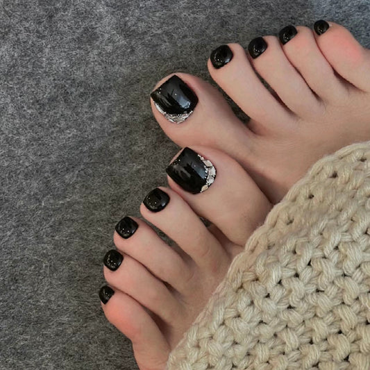 Midnight Elegance Short Square Black Press On Toenail Set with Silver Glitter Accent