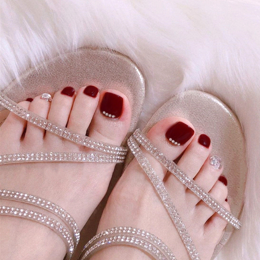 Elegant Evening Short Square Burgundy Press On Toenail Set with Rhinestone Accents 2