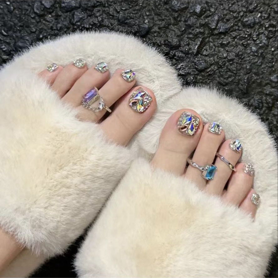 Enchanted Frost Short-Length Square-Shaped Iridescent Glitter Press-On Nail Set with Rhinestone Accents