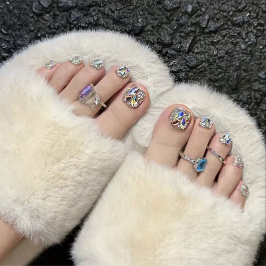 Enchanted Frost Short-Length Square-Shaped Iridescent Glitter Press-On Nail Set with Rhinestone Accents