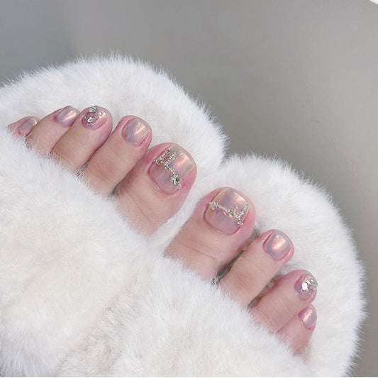 Elegant Charm Medium Oval Pink Press On Nail Set with Rhinestone Embellishments