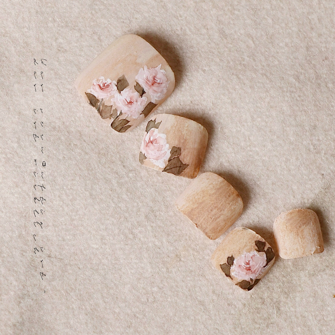 Elegant Garden Blossom Short Square Beige Press-On Toenail Set with Stunning Floral Art Design