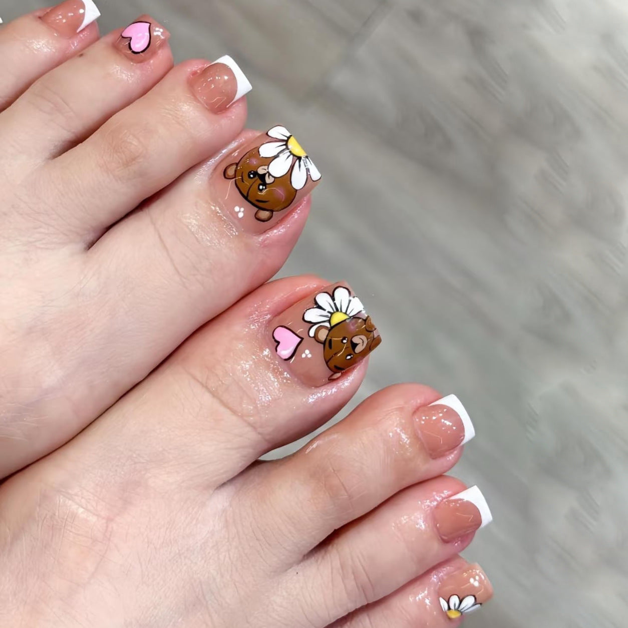 Whimsical Floral Bear Short Square Press On Toenail Set Transparent Beige with Cute Character Design