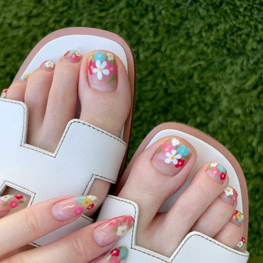 Flower Power Dreamy Press On Toenail Set Short Square Shape Pastel Color Vibrant Floral Design