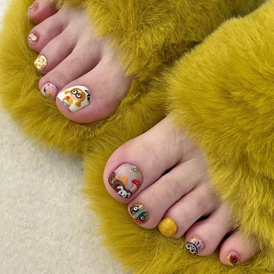 Sweet Treats Colorful Short Square Length Press-On Toenail Set with Whimsical Character Designs