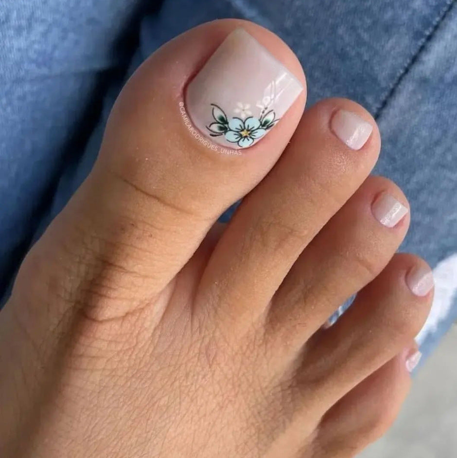 Botanical Bliss Short Square Shaped Soft Pink Press On Toenail Set with Floral Accent