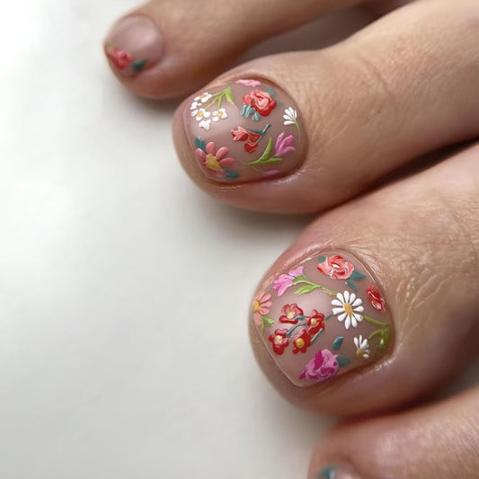 Floral Fantasy Short Square Transparent Press On Toenail Set with Vibrant Embellishments