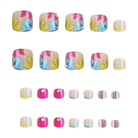 Tropical Dream Short Square Colorful Floral Press on Toenail Set with Sparkling Gems