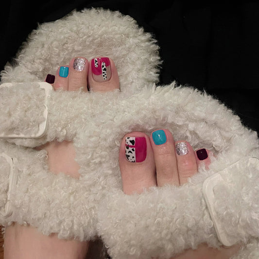 Vibrant Animal Print Theme Short Square Press-On Toenail Set in Bright Pink Multicolor with Glittery Accent