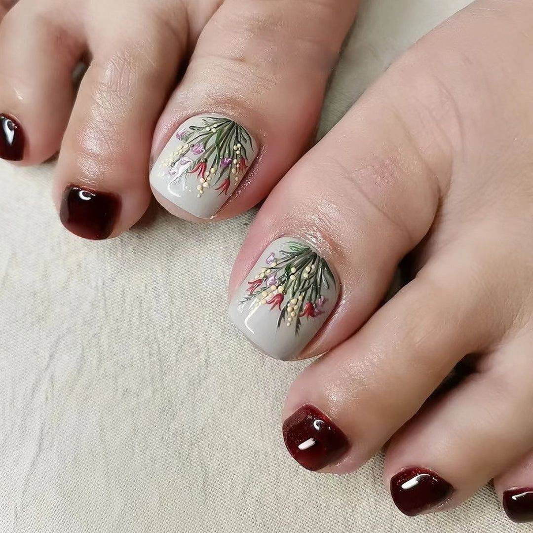 Whimsical Garden Short Square Burgundy and Beige Floral Press On Toenail Set with Intricate Design