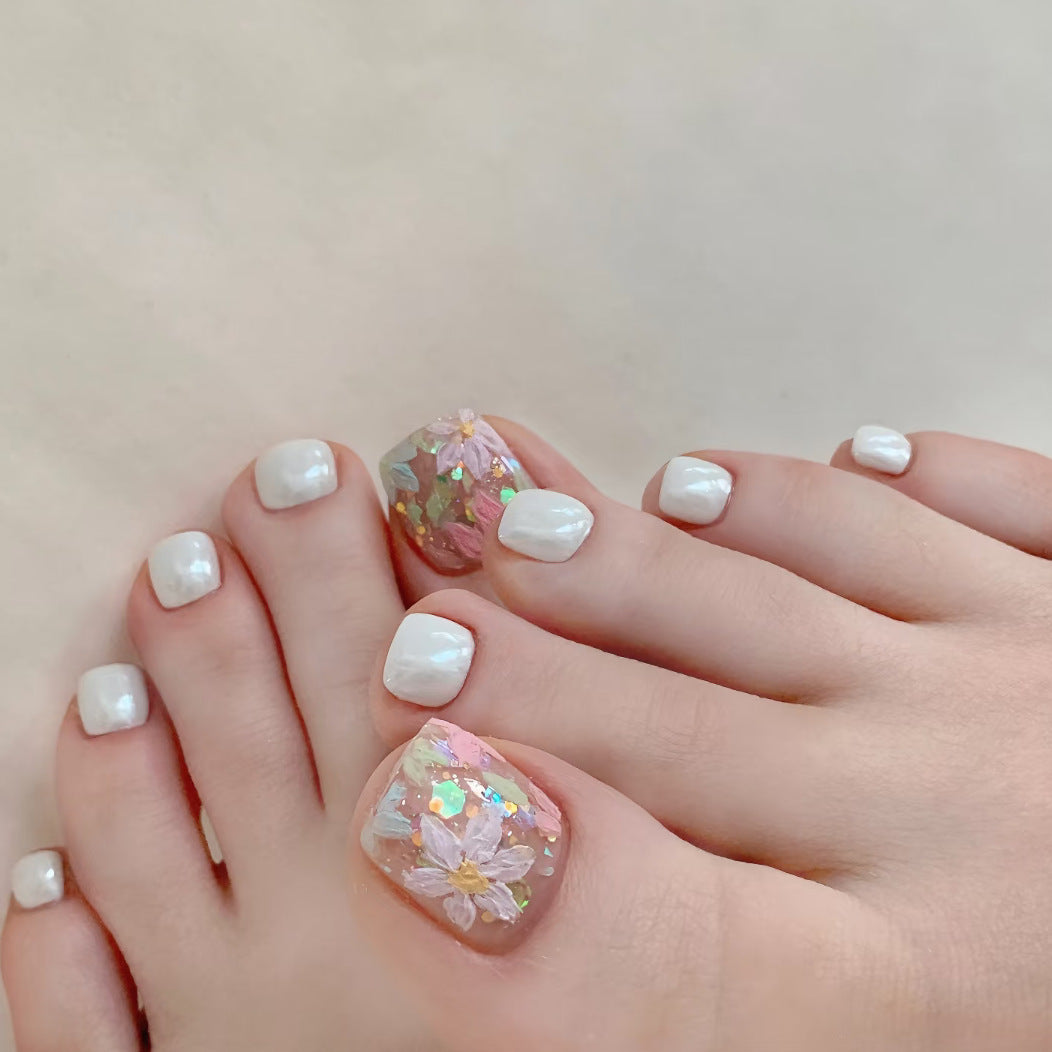 Botanical Bliss Short Square White Press-On Toenail Set with Floral Glitter Accent