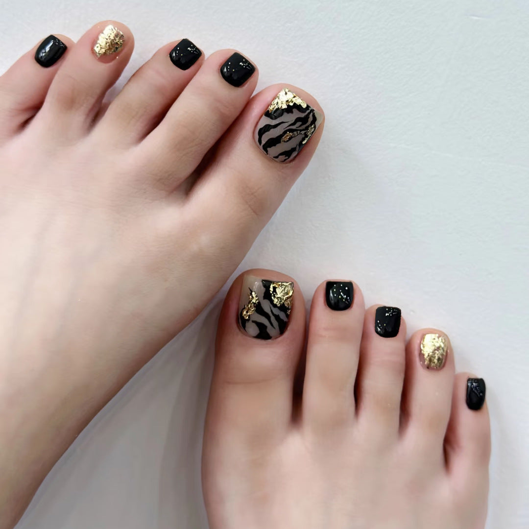 Wild Safari Short Square Black and Beige Press On Toenail Set with Gold Foil Accents
