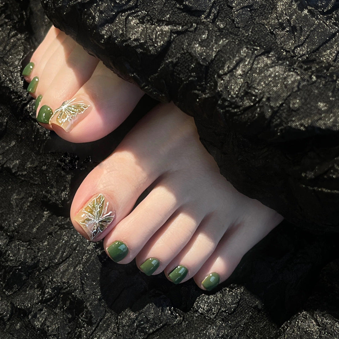 Nature's Embrace Green Short Square Toenail Set with Elegant Leaf Accents
