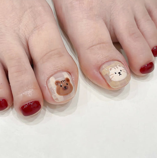Cozy Animal Wonderland Short Square Clear Red and Beige Toenail Art Set with Adorable Bear and Cat Designs