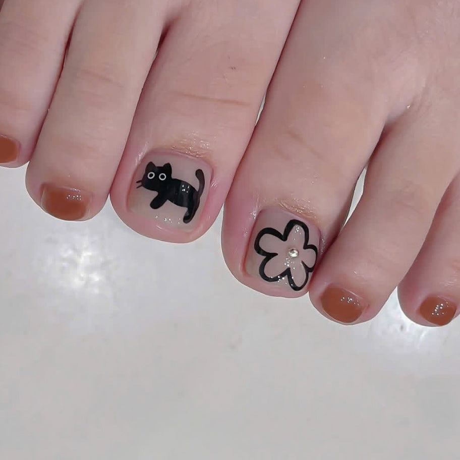 Charming Feline Fantasy Short Square Top Medium Brown Cat and Flower Toenail Press Set