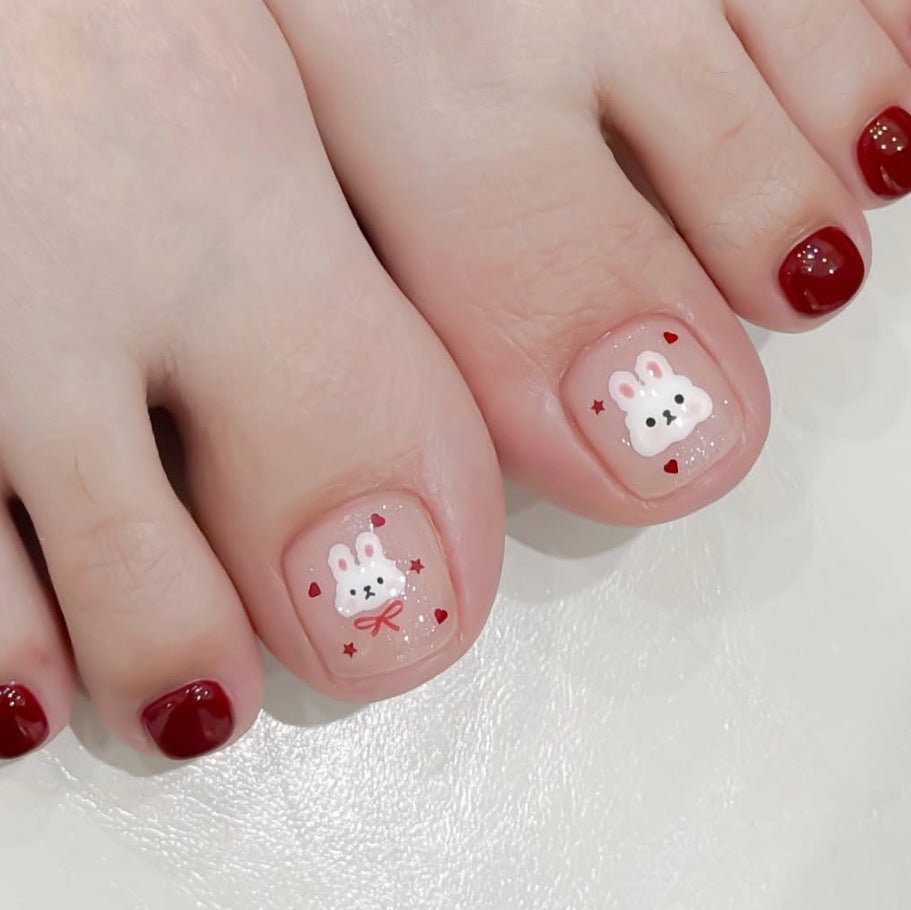 Whimsical Bunny Theme Square Short Clear Press On Toenail Set with Adorable Bunny Art and Charming Heart Accents