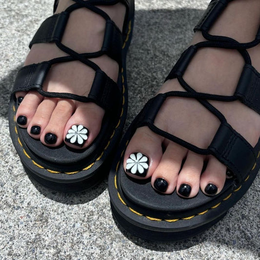 Floral Paradise Short Square Black Press on Toenail Set with Chic White Flower Accent