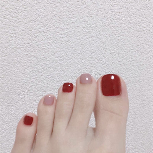 Elegant Autumn Elegance Short Square Burgundy and Beige Ombre Press On Toenail Set with Gloss Finish