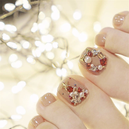 Starry Elegance Short Length Square Beige Press On Tonails with Sparkling Rhinestone Accents